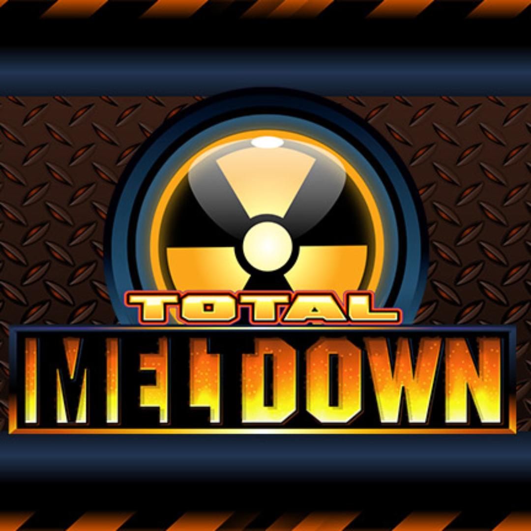 Total Meltdown online slot game logo in orange, black, and yellow. The background shows a metallic surface in dark brown, yellow, and black.