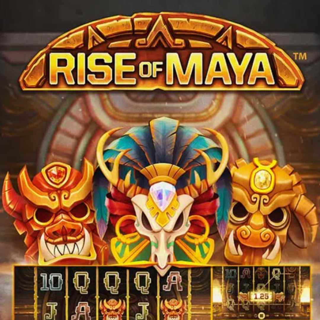 The Rise of Maya title screen featuring the game logo above three Mayan Masks with mini versions of the game’s slot reels at the bottom.