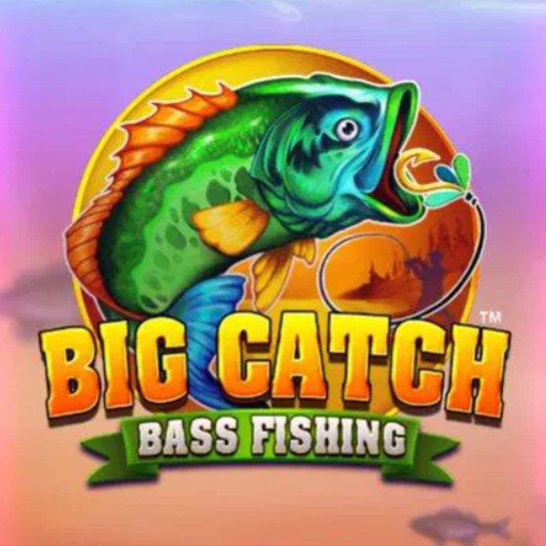 The title screen for Big Catch Bass Fishing, featuring a big bass fish behind the game logo with the silhouette of a fisherman on an orange and purple background.