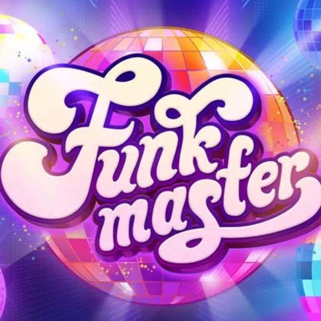 The title screen for the Funk Master slot game featuring the game logo on top of a multi-colored disco ball on a purple background.