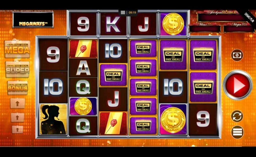 Deal or No Deal Megaways Jackpot Royale online slot game with gold envelopes, gold coins, the Deal or No Deal suitcase, and playing card symbols on the reels. The reels have a silver frame. The background has yellow and orange lights.