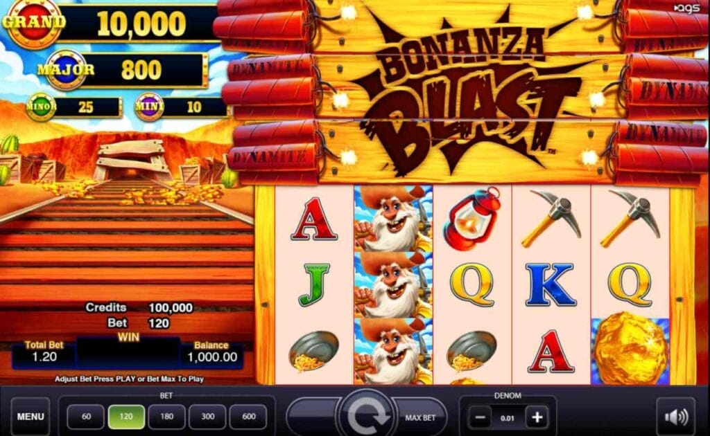 Bonanza Blast online slot game with red dynamite sticks on a wooden board above the reels. The reels are beige with gold mining equipment, gold, and playing card symbols. The left side of the reels shows the entrance to an underground mine with wooden rails.
