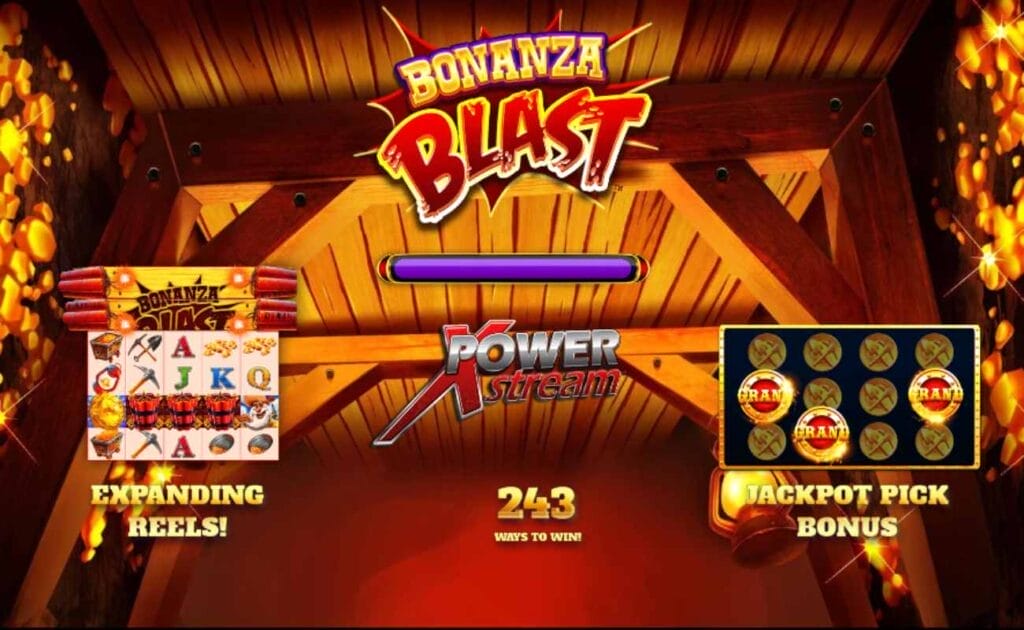 Bonanza Blast online slot game with the Power Xstream logo and purple loading bar. There are two game features called the Expanding Reels and Jackpot Bonus on the screen. The background shows a wooden ceiling with gold on the sides of the screen.