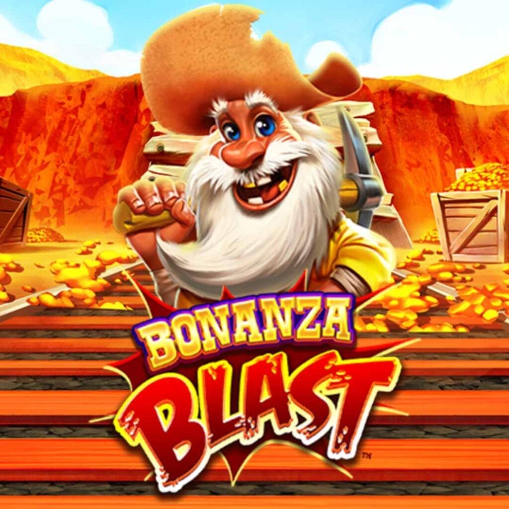 Bonanza Blast online slot game with a yellow, gold, and red logo. There is an underground mine with cacti and boxes. There are wooden railroad tracks with gold.