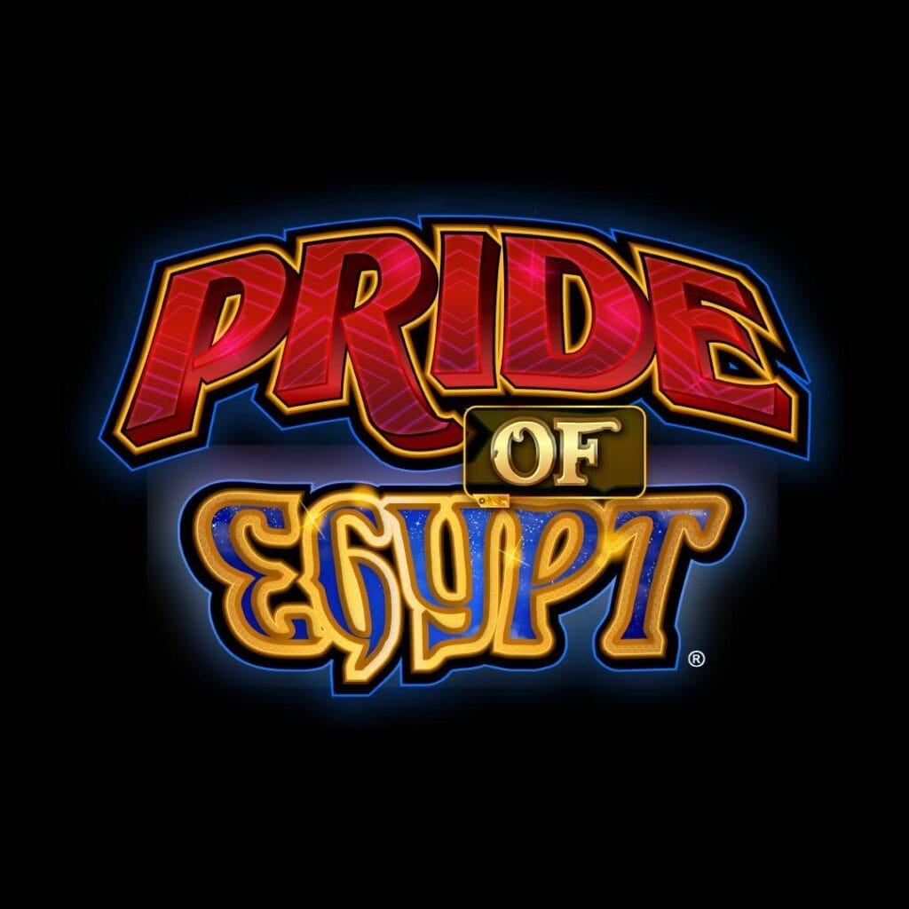 Pride of Egypt online slot game logo in gold, blue and red. The background is black.