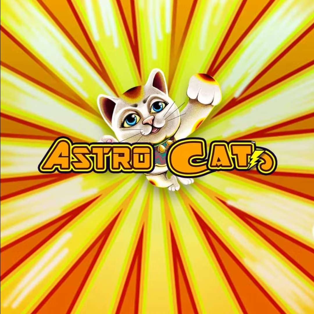 Astro Cat online slot game logo in gold and black. The background has yellow, orange and white rays. There is a white cat with blue eyes behind the font.