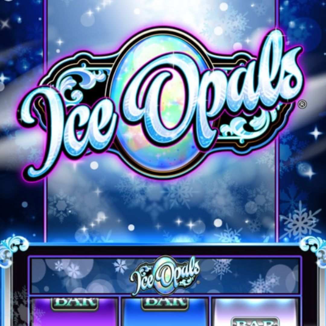 The title screen for the Ice Opals slot game, featuring the game logo on a blue background decorated by snowflakes, with a depiction of the game’s slot reels underneath it.
