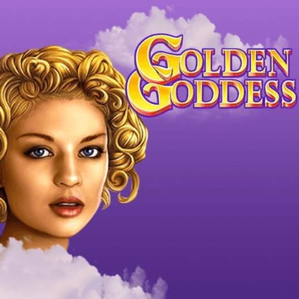 A title image for the Golden Goddess slot game, featuring the game’s title character on a purple, cloudy background under the game title.