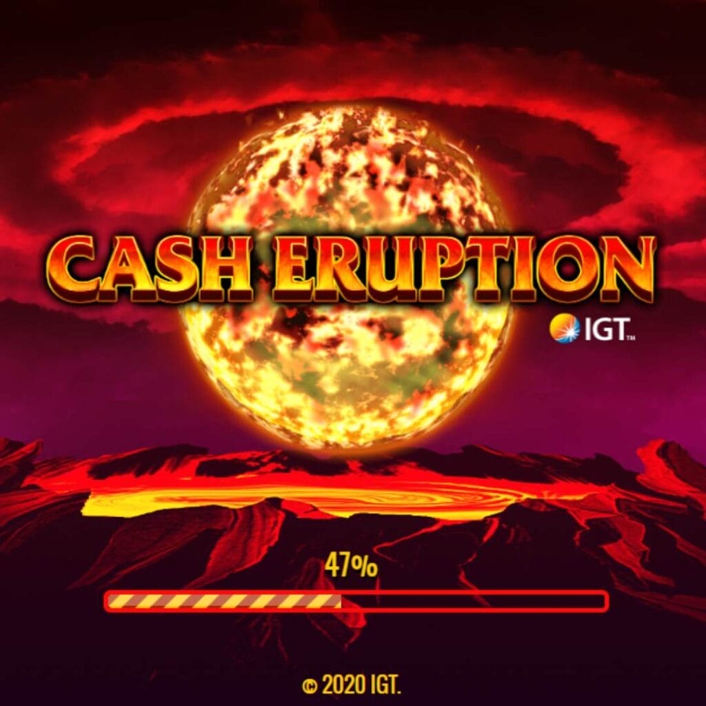 Cash Eruption online slot game logo in orange and yellow. There is a large fireball and volcano in the background.