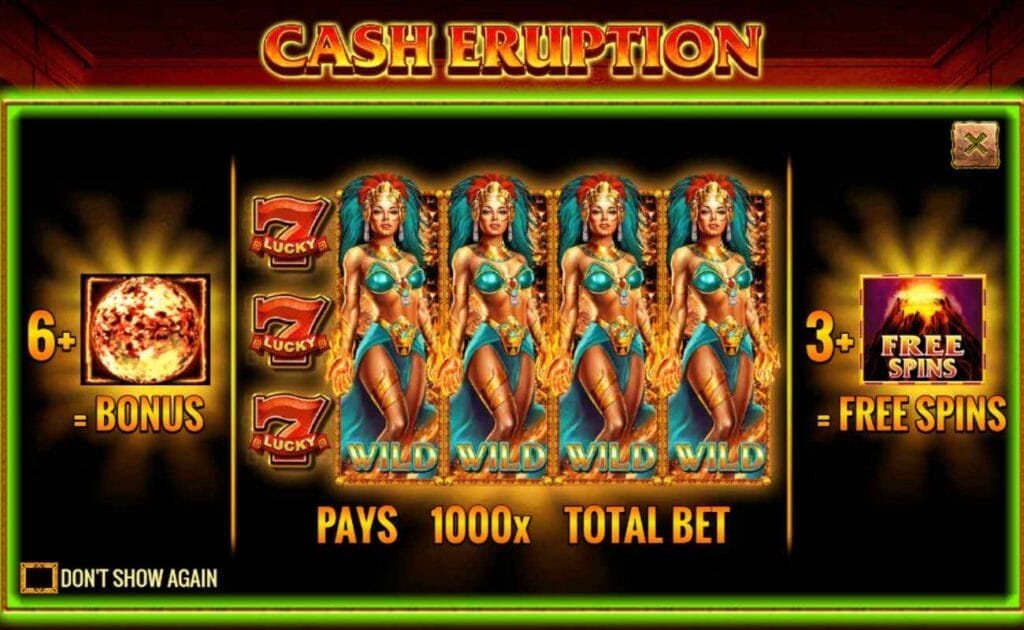 Cash Eruptions online slot game logo in yellow and orange. There is an image of a woman in a turquoise two-piece and a headpiece. There is a bonus and free spins logo. The background is dark with a green frame.