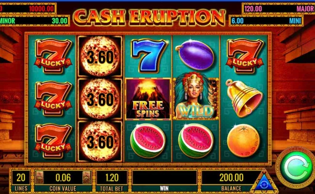 Cash Eruption online slot game with watermelon, orange, red sevens, a bell, and fireballs. The background shows the inside of a tomb.