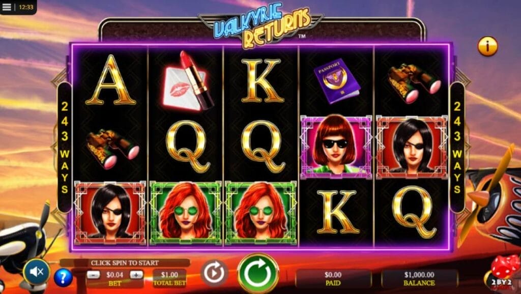 Valkyrie Returns online slot game with a passport, binoculars, lipstick, playing cards and women characters on black reels. The background shows parts of an aircraft with purple and orange skies.