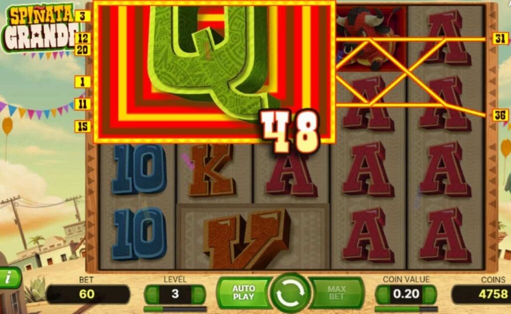Screenshot of the Spiñata Grande online slot game, showing a win of 48.00.