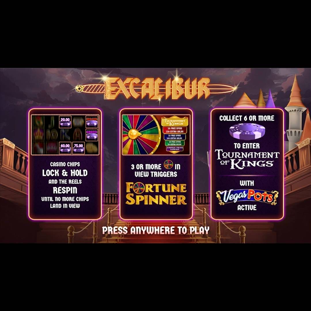 The Excalibur loading screen with the three features listed against the Excalibur castle backdrop.