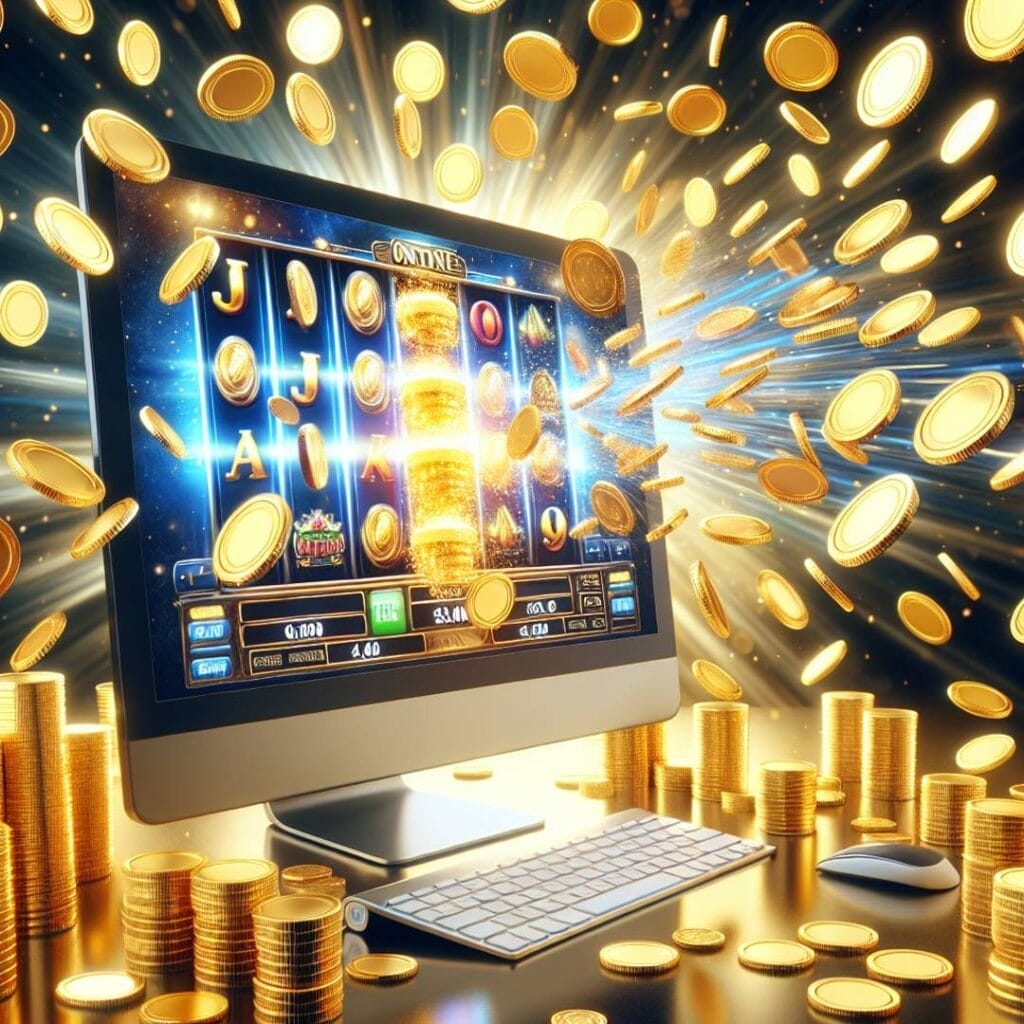 A computer screen showing a slot game with coins flying out of the screen.