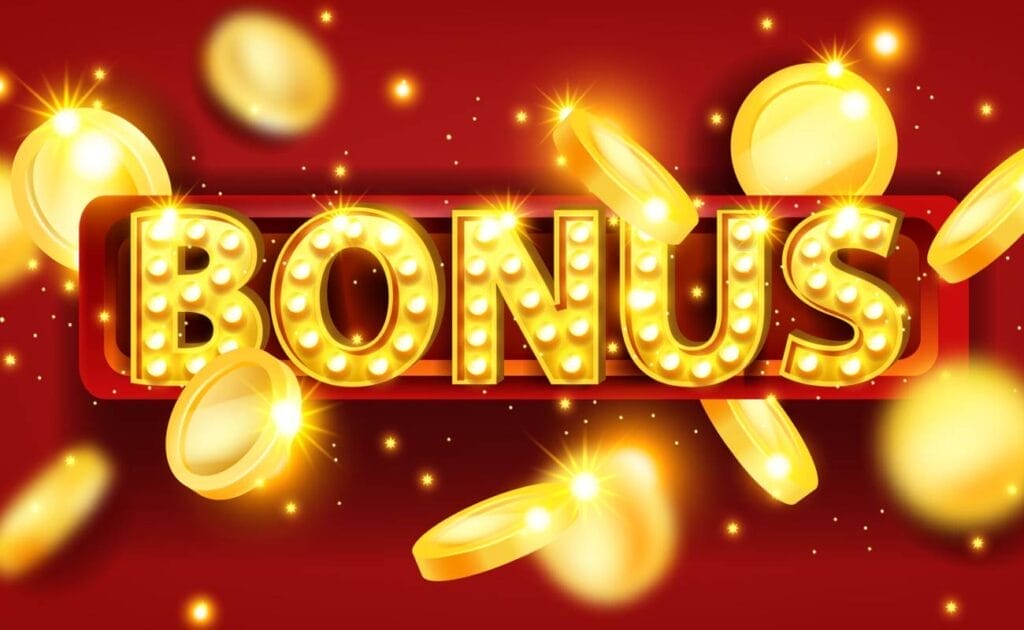 The word Bonus in bright yellow lights against a red background. It’s surrounded by flying gold coins.