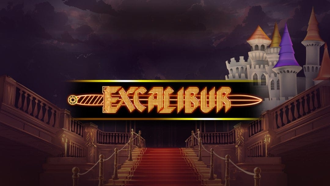 Excalibur online slot logo in gold with a sword behind the letters. The background depicts a white castle, and the interior of a castle, showing a grand staircase and cloudy skies.