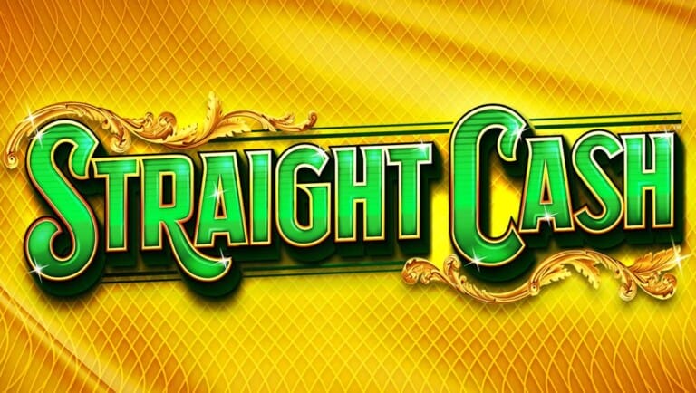 The Straight Cash title screen. The background is gold fabric textured with a diamond pattern. In the foreground is the game title “Straight Cash” written in a green font with ornate leaf-like designs around it.