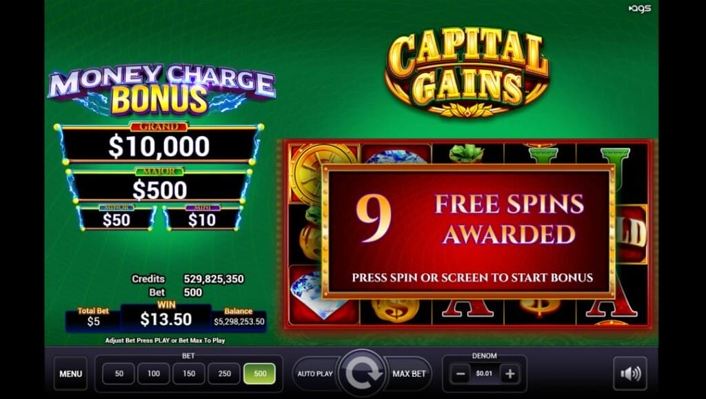 A screenshot of a free spins win in Capital Gains. The backdrop consists of different green hues. In the foreground are the slot reels with the notification “9 Free Spins Awarded Press Spin or Screen to Start Bonus” in front of it. Visible to the left of the reels are the Money Charge Bonus jackpot rewards, the Grand, Major, Minor, and Mini jackpots. The game interface is visible below the reels and jackpot rewards.