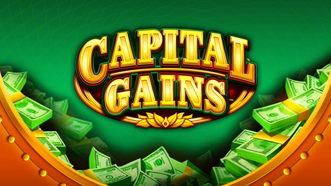 The Capital Gains banner against a background in shades of green. In the foreground is the edge of a bank vault with piles of cash visible on the inside. The game title is displayed in a bold, gold font with red and green outlines and has an ornate golden border.