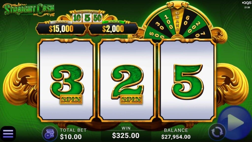 A screenshot of the slot reels in Straight Cash. The background is made up of various shades of green as well as curved lines crossing over the edges of the background. In the foreground are the three golden reels with ornate designs around them. The reels themselves contain the numbers three, two, and five on the first, second, and third reel, respectively. The numbers three and two both have the word Spin on them. Above the reels are the two jackpot prizes and a preview of the lottery wheel bonus feature.