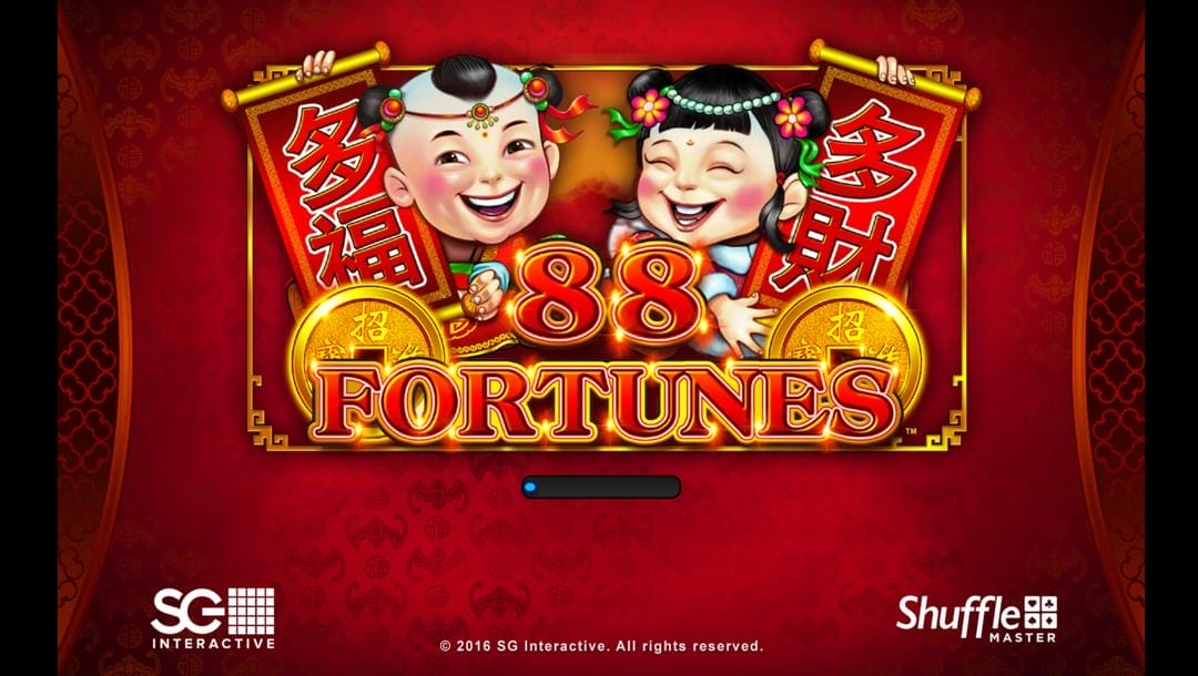 A screenshot of the 88 Fortunes loading screen. The game is set against an ornate fabric background. In the upper center of the background is the game logo in red hues with gold borders around it. This logo also includes two cartoon-style Chinese children characters, each holding a red and gold scroll. There are also two gold Chinese coins below them.