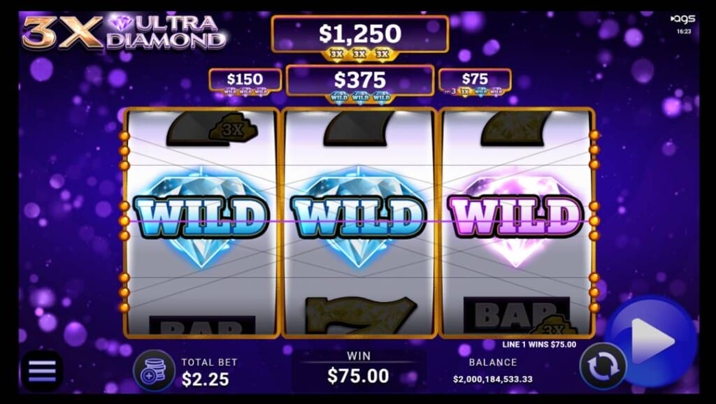 A screenshot of the slot game 3X Ultra Diamond. It features a vibrant, glowing purple background filled with soft orbs of light. In the foreground are three vertical slot reels framed in gold, each displaying large, shimmering diamond symbols. These symbols are two blue diamond wild symbols on the first and second reels, and a purple wild symbol on the third reel. Above the reels are the jackpot prizes. The game interface is visible below the reels.