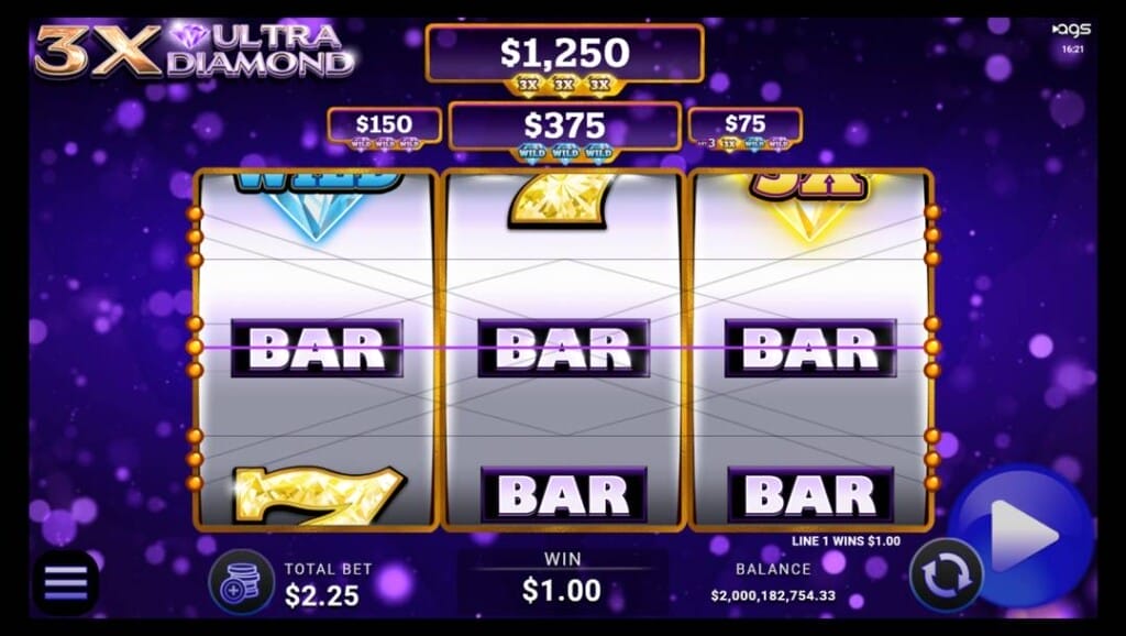 A screenshot of the slot reels in 3X Ultra Diamond. The game is set against a vivid purple background with scattered glowing circular light effects. The foreground has three slot reels framed in gold, each containing classic slot symbols like BAR, 7, and WILD symbols. The active payline runs through the middle row, showing a winning combination of three BAR symbols across all reels. Above the reels, the jackpot prizes are displayed. The game interface is located at the bottom of the screen.