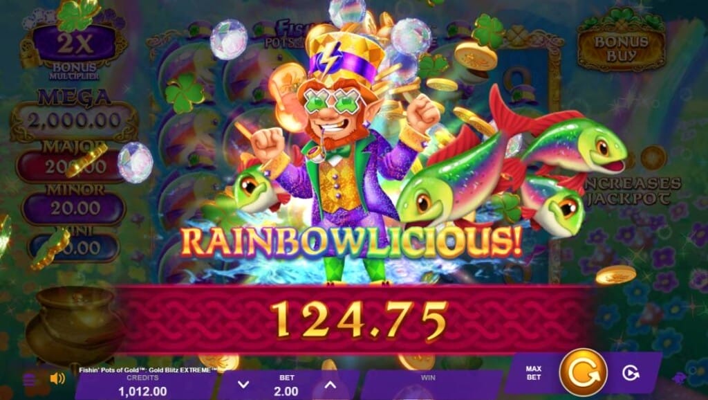 A screenshot showing the word “Rainbowlicious” over the brightly dressed leprechaun, surrounded by colorful fish and gold coins. The number 124.75 is shown on a red banner below the text.