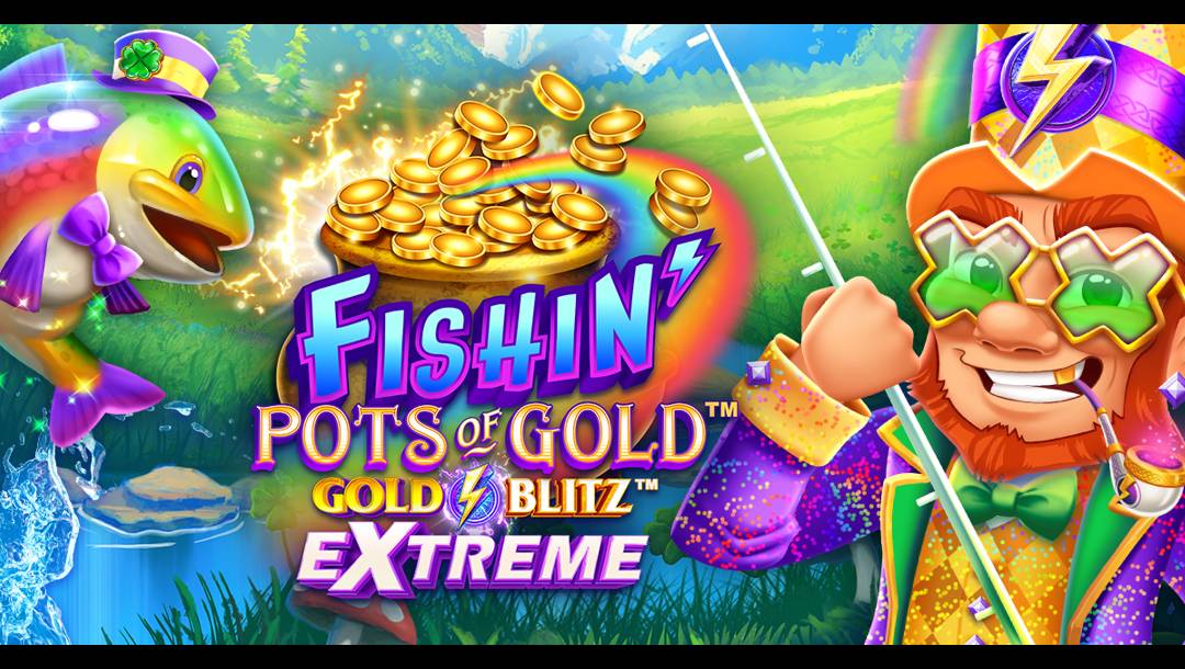 The header image for the slot game Fishin' Loaded Pots Gold Blitz Extreme. In the foreground, a cheerful leprechaun in a flamboyant outfit with orange hair, green star-shaped glasses, and a wide grin holds a fishing rod. On the left, a colorful rainbow trout leaps out of the water, wearing a purple bowtie and a leprechaun-style hat with a shamrock. Between them is the game title, boldly displayed in stylized fonts at the center. The background is set in a lush, green countryside with rolling hills, trees, and a sparkling stream running through.