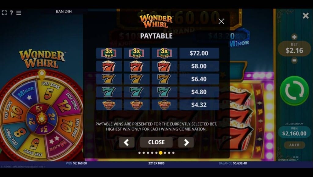 A screenshot of the paytables in the Wonder Whirl online slot. It displays the paytable and the game's payout values based on symbol combinations at the current bet of $2.16. The background is partially dimmed to emphasize the paytable, which is centered in a dark translucent box. At the top is the “Wonder Whirl” logo. Below it, rows of symbol combinations are shown alongside their corresponding payouts, including three 3x wild symbols, red 7s, yellow 7s, blue 7s, and the Wonder Whirl bonus symbol.
