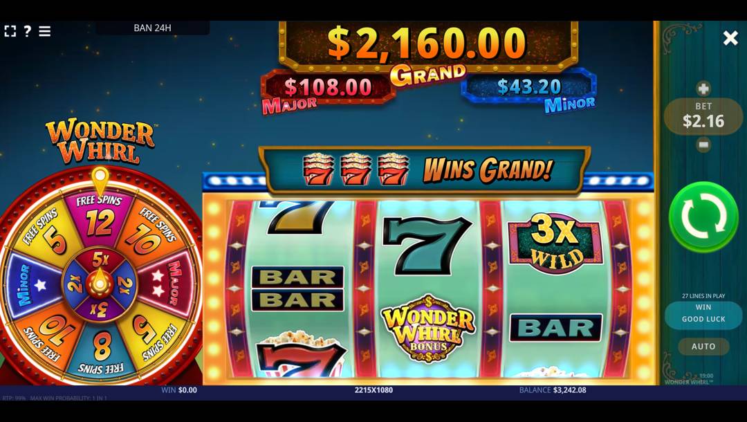 A screenshot of the Wonder Whirl online slot game. The background features a festive deep blue sky dotted with golden sparkles. On the left, a vibrant bonus wheel is prominently displayed, with segments offering multipliers, free spins, and jackpots. In the foreground, the slot’s 5-reel layout features classic slot symbols, including 7s, BARs, a 3x wild, and a bright “Wonder Whirl Bonus” symbol. On the right side of the reels is the game interface, and above the reels are the various jackpot prizes.