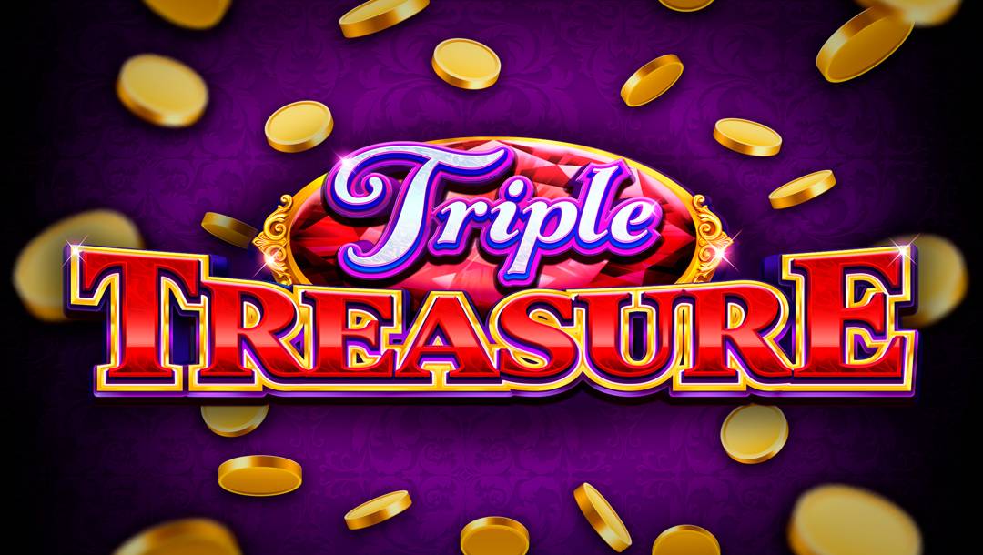 The header image for Triple Treasure features a bold, vibrant logo centered against a rich, royal purple background with a subtle damask pattern. In the foreground, the word "Triple" is styled in an elegant, cursive pink font over a red jewel emblem, while the word "TREASURE" is displayed in large, eye-catching red block letters with gold and purple accents, radiating a glowing effect. Shiny gold coins are scattered mid-air.