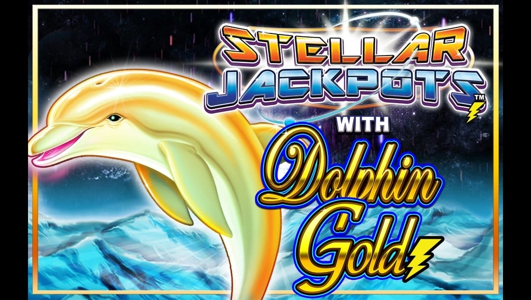 The Dolphin Gold Stellar Jackpots header featuring a large, glowing golden dolphin in the foreground, angled mid-leap with a cheerful expression. Its smooth, reflective body exudes a golden sheen, enhanced by sparkles and bright highlights. The background consists of deep, stormy blues and purples with faint starbursts and shimmering light trails. The title text dominates the right half, combining the neon-styled "Stellar Jackpots" in bold purple and blue lettering with an elegant, cursive gold text reading "Dolphin Gold," outlined in electric blue with a lightning bolt.