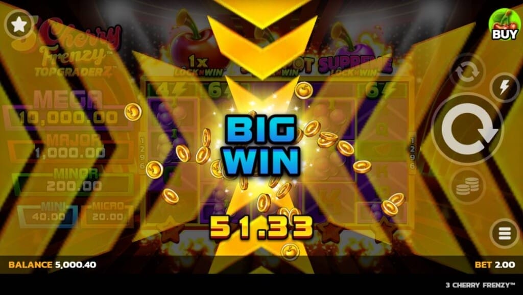 A screenshot of a Big Win of 51.33 coins in the 3 Cherry Frenzy slot game, with golden coins flying and a glowing starburst background.