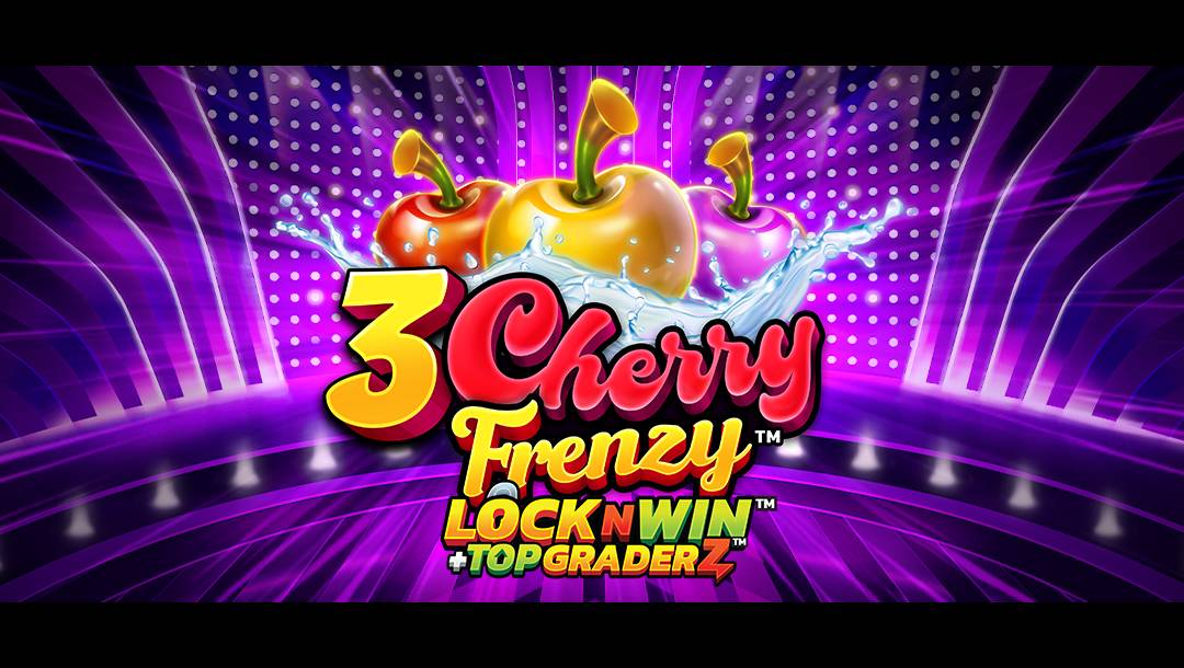 The header for the 3 Cherry Frenzy slot game with colorful cherries, splash effects, and a glowing purple stage background.