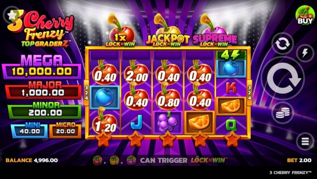 A screenshot of 3 Cherry Frenzy slot reels with fruit symbols, jackpot tiers, and LockNWin feature, with the game interface on the right.