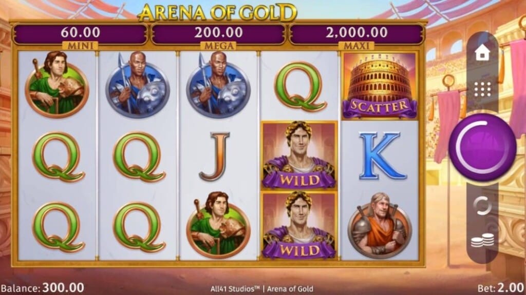 A screenshot of the Arena of Gold slot game showcases a 5-reel layout with colorful symbols, including warriors, emperors, letters, and a golden coliseum marked “Scatter.” Above the reels are jackpot tiers labeled Mini (60), Mega (200), and Maxi (2,000), while the bottom displays a balance of 300.00 and a bet amount of 2.00. The game interface is visible on the right.