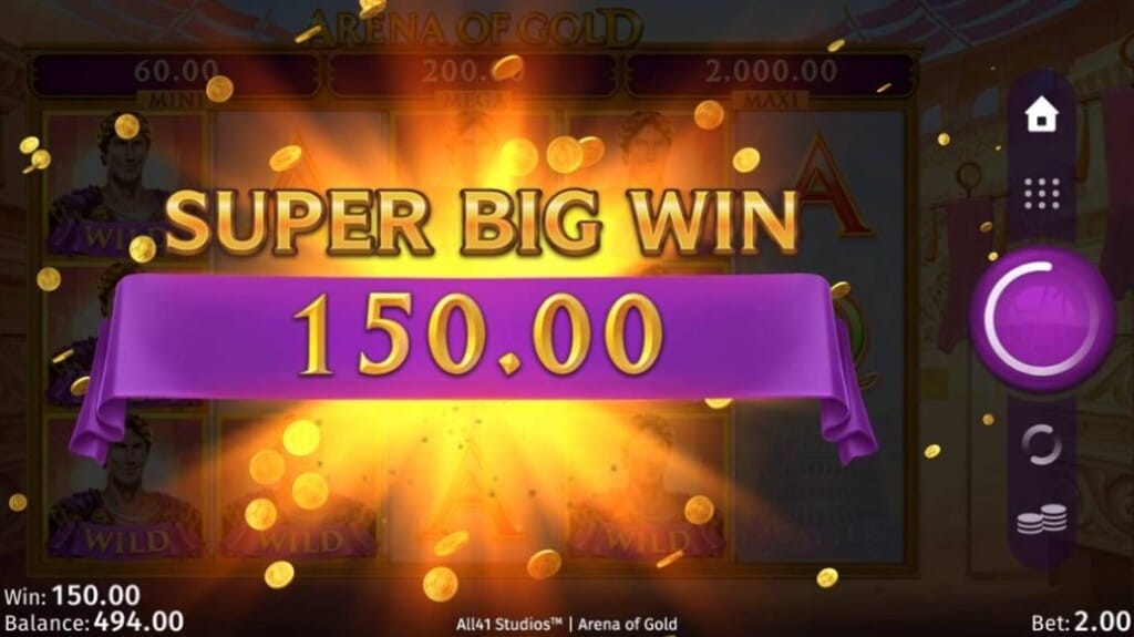 An Arena of Gold screenshot shows a glowing banner that reads “Super Big Win – 150.00” in golden text on a purple ribbon, with coins raining down in celebration. The bottom of the screen displays a current win of 150.00, a balance of 494.00, and a bet amount of 2.00. The game interface is visible on the right of the win notification.