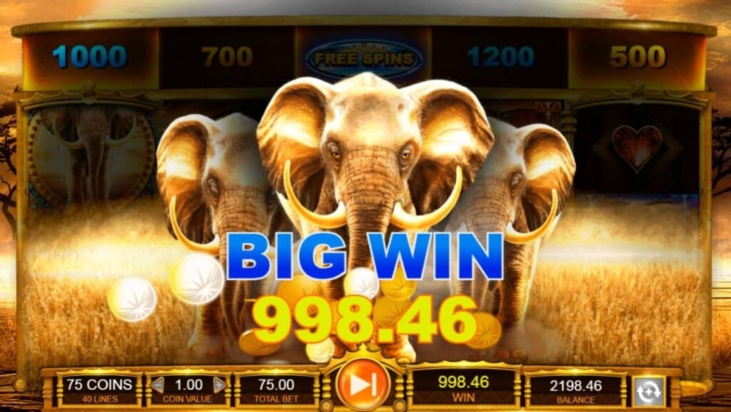 A slot game screen shows a big win with three large golden elephants in the center. The words “Big Win” in bold blue letters and “998.46” in large yellow numbers appear over a backdrop of golden coins, indicating a win amount, with game details like 75 coins, 1.00 coin value, and 75.00 total bet displayed at the bottom. The background shows fields of dry grass.