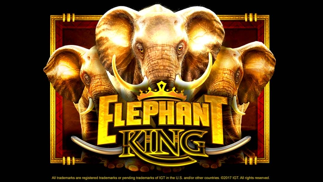 The image shows the title screen for the slot game Elephant King, featuring three glowing, majestic elephants with large tusks standing behind a bold, golden game logo. The words “Elephant King” appear in a dramatic font with a crown and ornamental tusks beneath, set against a deep red and gold frame.