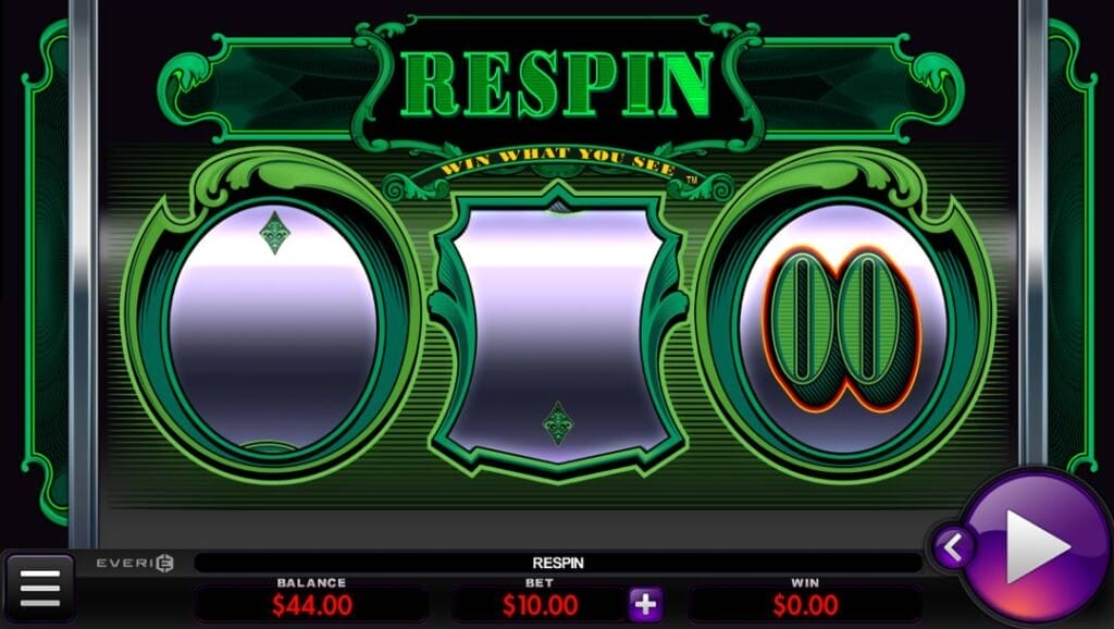 A screenshot of the Cash Machine slot reel with three green-framed reels showing symbols: diamond, blank, and double zeros. The double zeros have a red and yellow highlight, and the word RESPIN is above the reels.
