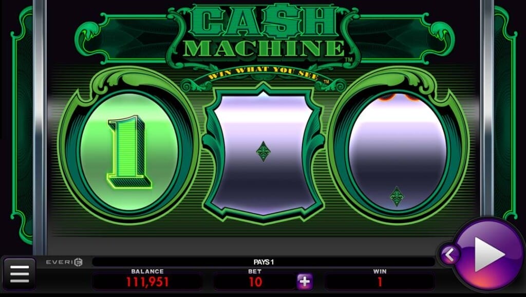 A screenshot of the Cash Machine slot reels. The online slot machine has three reels. The left reel shows a green 1, and the center and right reels are blank.