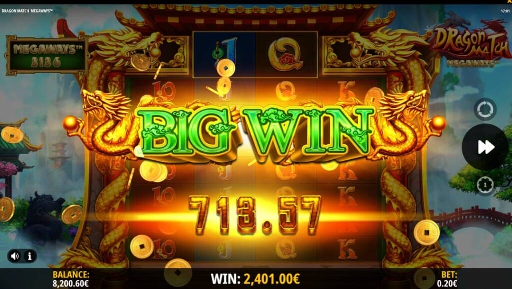 A screenshot of a big win in Dragon Match Megaways. The big win screen is filled with golden dragons, flying coins, and a glowing win amount of 713.57.