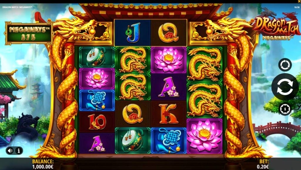 Screenshot of the slot reels in Dragon Match Megaways. The slot game screen has reels with colorful symbols and golden dragon borders, and the Dragon Match Megaways logo is visible in the top right.