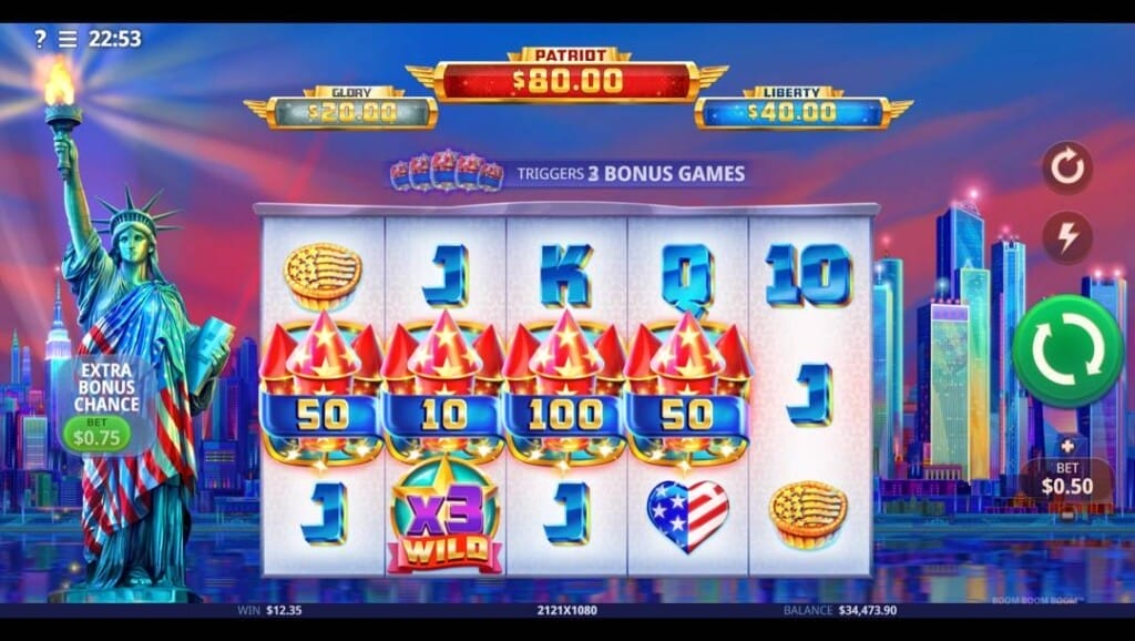 A screenshot of the slot reels in Boom Boom Boom. It shows fireworks bonus symbols with credit values, card icons, and a x3 wild symbol on reels set against a city skyline background.