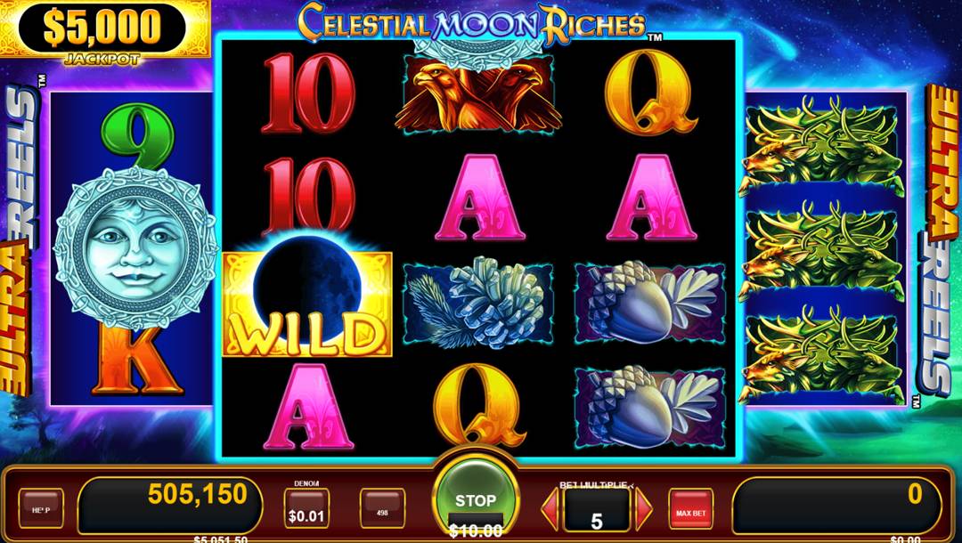 A screenshot of the Celestial Moon Riches slot game screen with reels showing symbols like letters, animals, acorns, a wild eclipse, and a $5,000 jackpot.