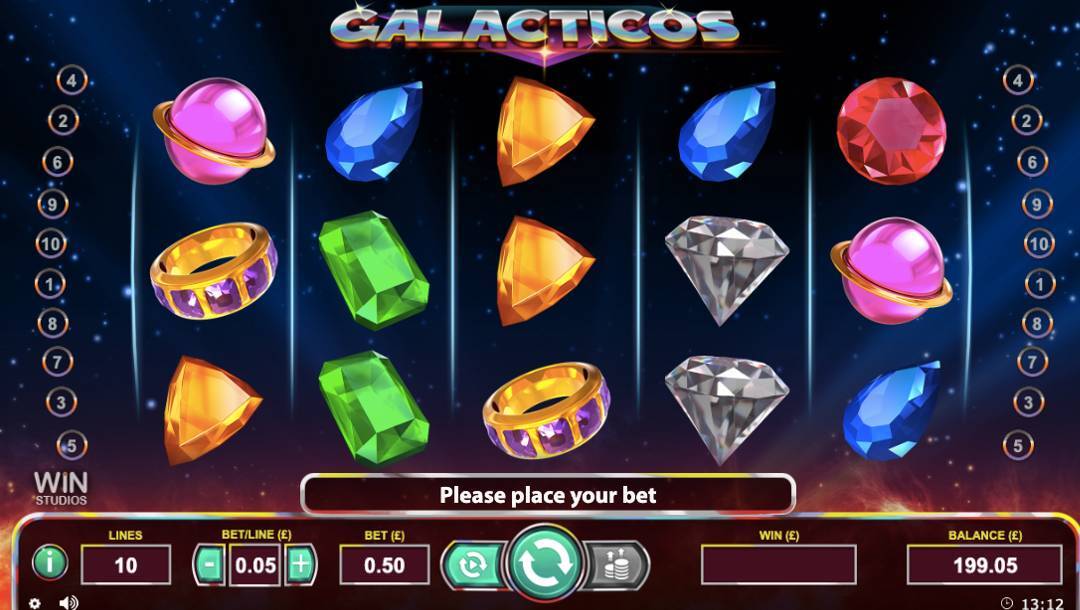 A screenshot of the slot game "GALACTICOS", showing a space theme with reels of colorful jewels, a planet, and the text "Please place your bet".