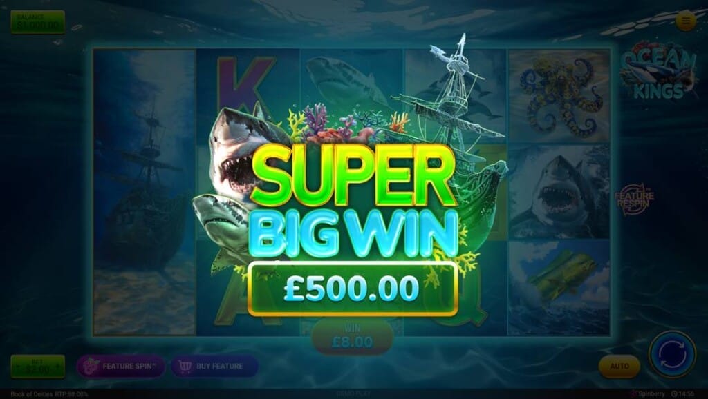 A super big win notification in the Ocean Kings online slot. The slot reels are faded and barely visible behind the win notification.