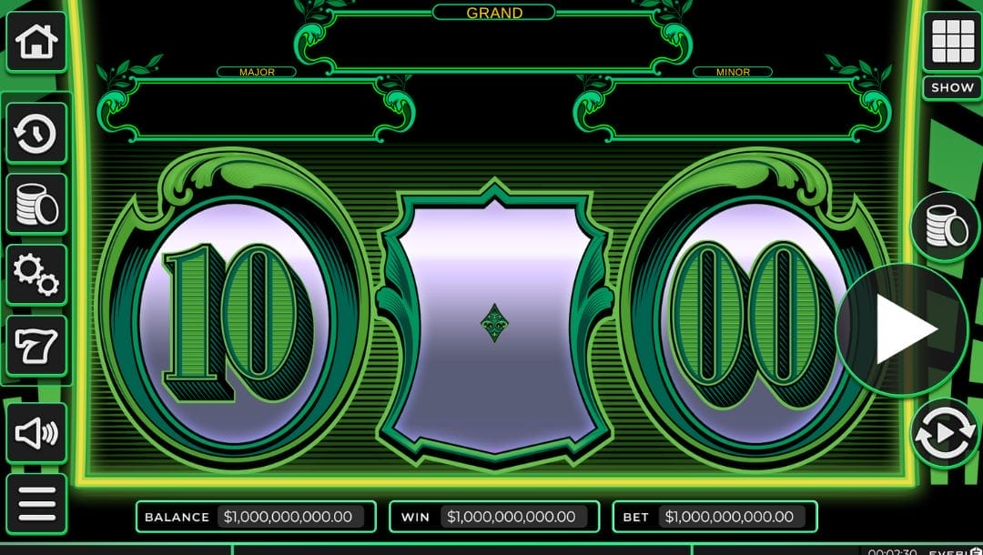 An in-game screen for "Cash Machine Jackpots," showing two large, stylized numbers resembling currency on either side of a blank shield emblem. Above the reels are "GRAND," "MAJOR," and "MINOR" jackpot labels.